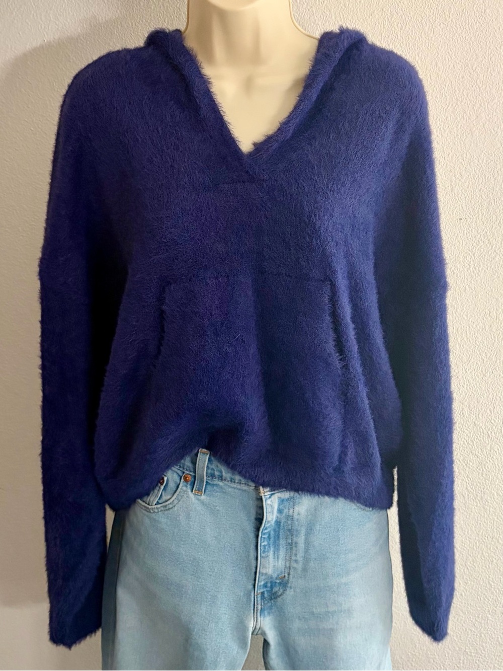 Anthropologie Pilcro Eyelash Hooded Sweater Blue Fuzzy Pullover Size M